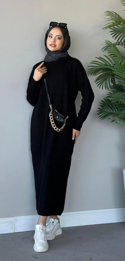 ArsenaBeauty Fitilli Triko Elbise Siyah