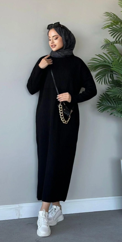 ArsenaBeauty Fitilli Triko Elbise Siyah